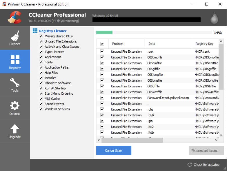 CCleaner Scanning PC registry