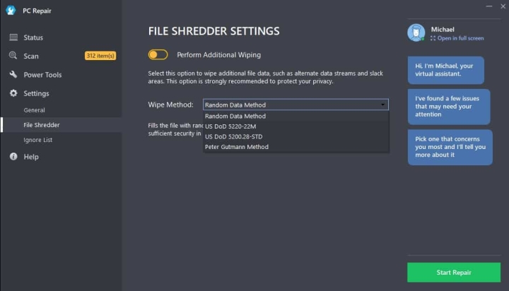 Outbyte PC Repair File Shredder Settings