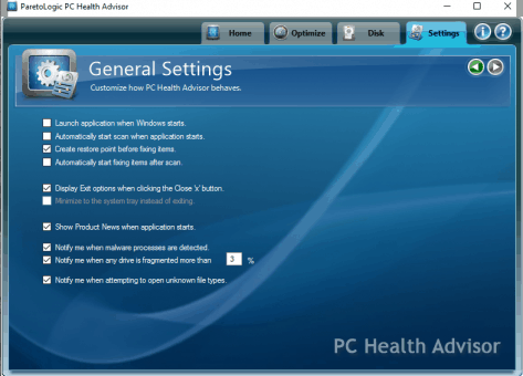 PC Health Advisor Settings